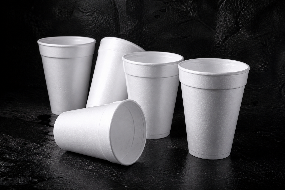 Disposable foam cups collapsing beside a crushed cup