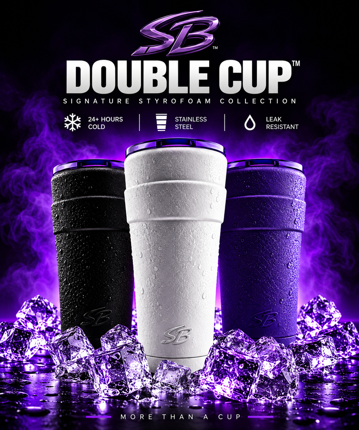 SB Double Cup Signature Styrofoam Cup collection in black, white, red, and purple with ice